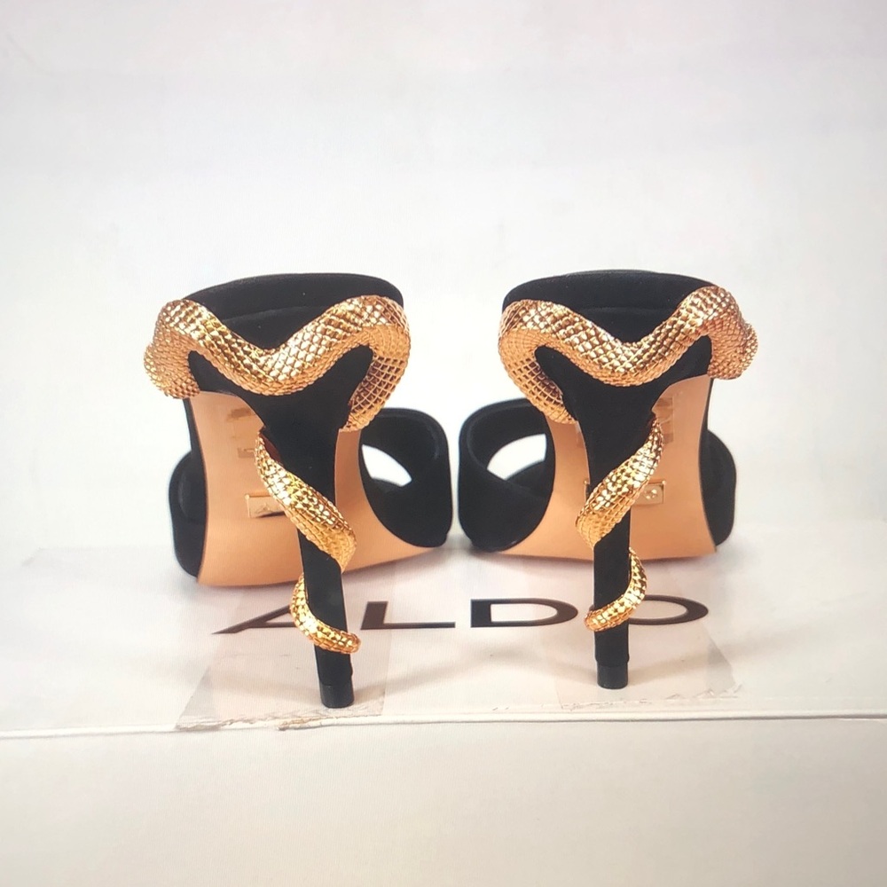 ALDO Black Suede Pointed Toe Mule with Gold Decorative Heel - Picture 5 of 8